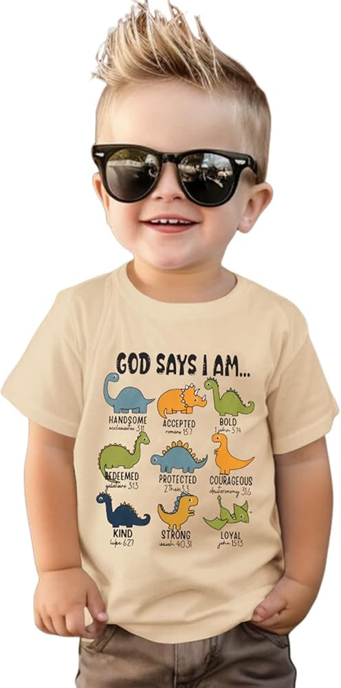 GLIGLITTR Toddler Boy Dinosaur Shirt God Says I Am Bible Verse Dino Religious Tshirt Christian Ou... | Amazon (US)