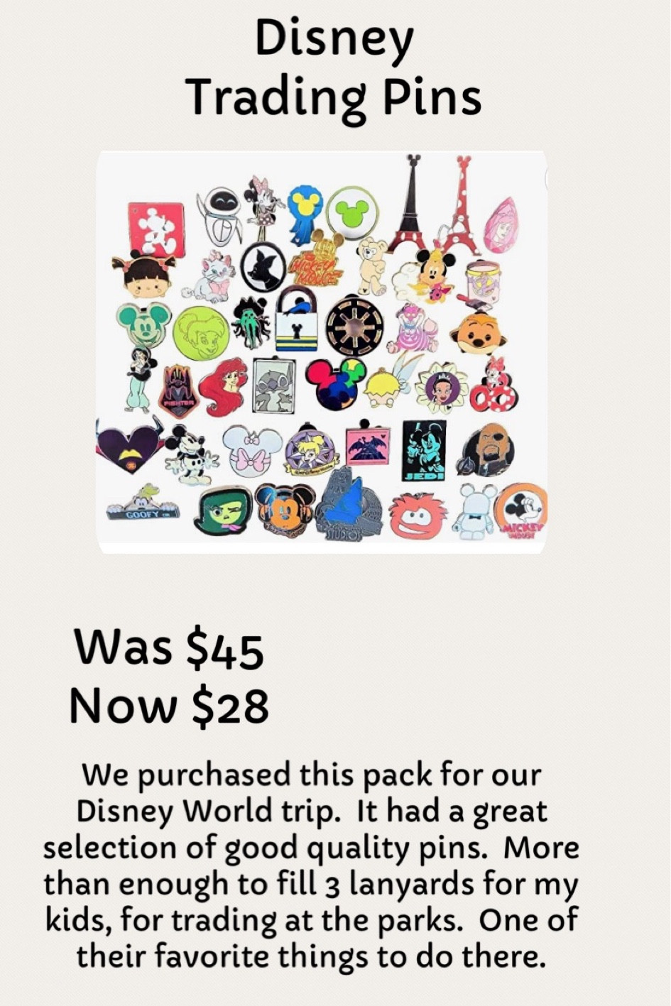 Disney trading pins on sale
We bought this before our trip
Plenty of good quality pins, a great selection, more than enough to fill lanyards for our 3 kids
They loved trading them at the parks
Disney trip
Disney land
Animal kingdom
Epcot
Hollywood studios
Ways to save at Disney
Pack for Disney
Disney on a budget 

#LTKFind #LTKkids #LTKtravel