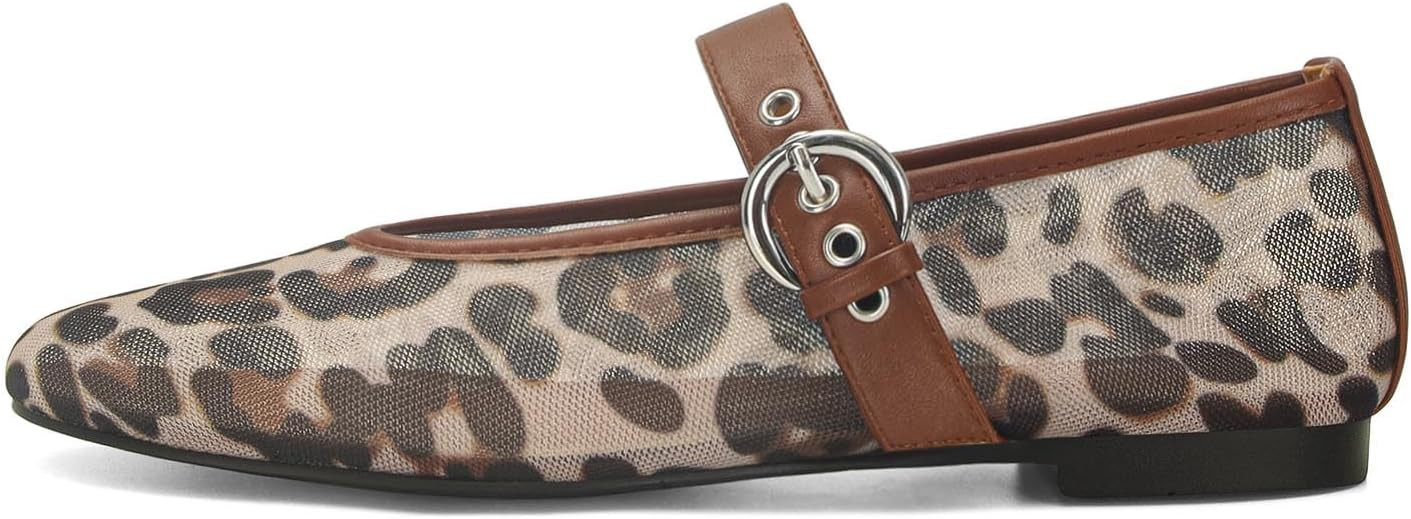 MICIFA Leopard Mesh Ballet Flats for Women Round Toe Mary Jane Buckle Flats Fall Comfortable Casu... | Amazon (US)
