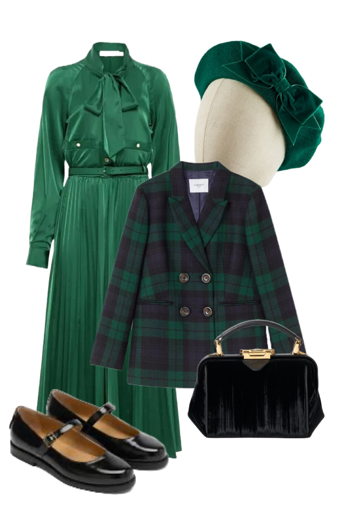 The dream green pussy bow pleated dress by Self Portrait is too pretty not to wear all the time! Partner with LK Bennett’s fab Blackwatch tartan jacket, the NEW Cambridge Satchel Mini Sophie bag in Black Velvet, an adorable green beret with velvet bow by Imogen’s Imagination and the selling fast Dotty black patent Mary Janes by Russell and Bromley! 

#LTKeurope #LTKluxury #LTKuk