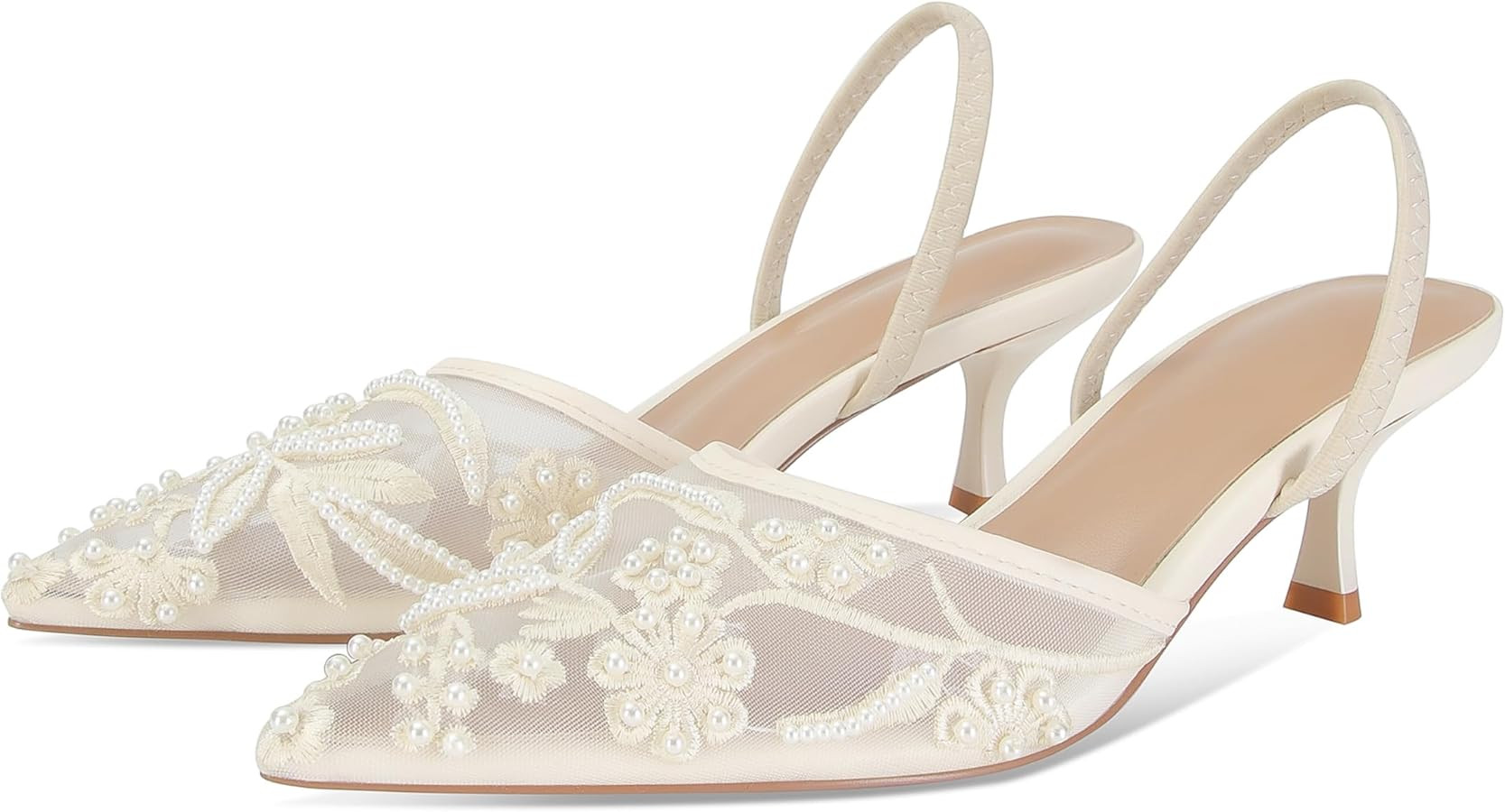 Embroidered Kitten Heels for Women Pointed Toe Mesh Floral Slingback Heeled Sandals With Pearl Sl... | Amazon (US)