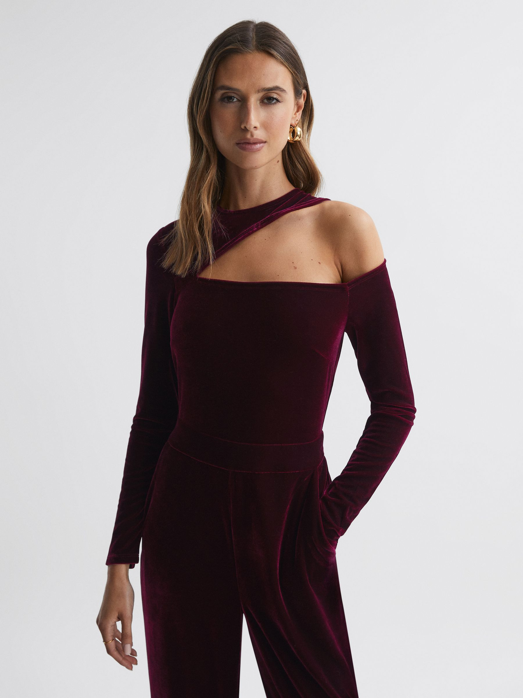 Petite Velvet Off-The-Shoulder Jumpsuit in Berry | Reiss US