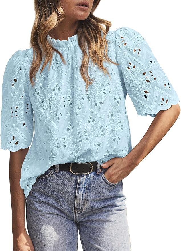 PRETTYGARDEN Summer Tops for Women 2026 Short Sleeve Embroidered Eyelet Shirts Dressy Casual Blou... | Amazon (CA)