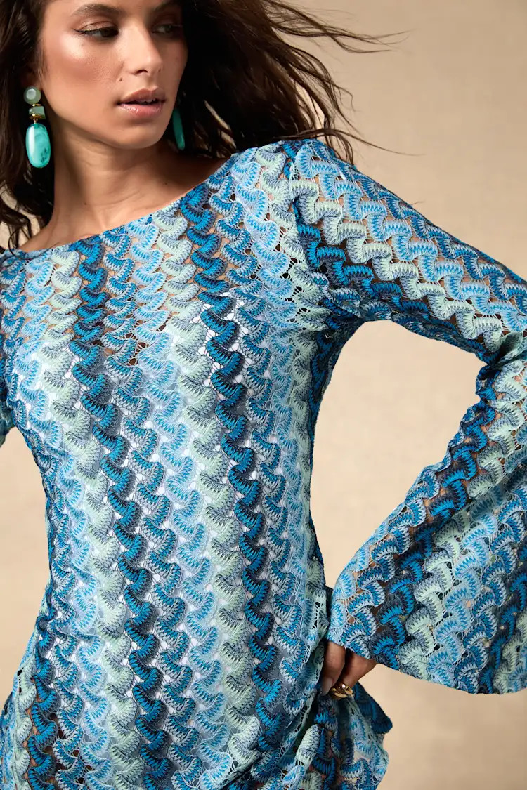 Valestra Blue Striped Crochet Long Sleeve Swim Cover-Up Dress | Lulus