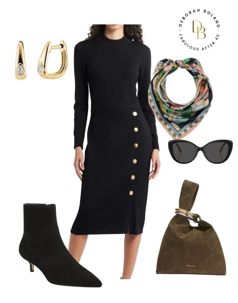 This black sweater dress is such an easy fall staple, and I love how adding a printed scarf and suede handbag brings in a little warmth, texture, and personality. Finished with black booties, it’s simple, comfortable, and still feels completely pulled together.

This is exactly the kind of outfit I’d reach for on a crisp fall day when I want to look polished without overthinking it. 🍂🖤

#LTKOver40 #LTKSeasonal #LTKootd