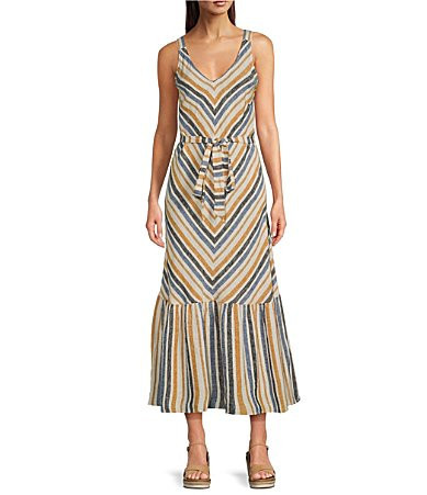 Charlie B. Linen Blend Stripe Print V-Neck Sleeveless Maxi A-Line Dress - L | Dillard's