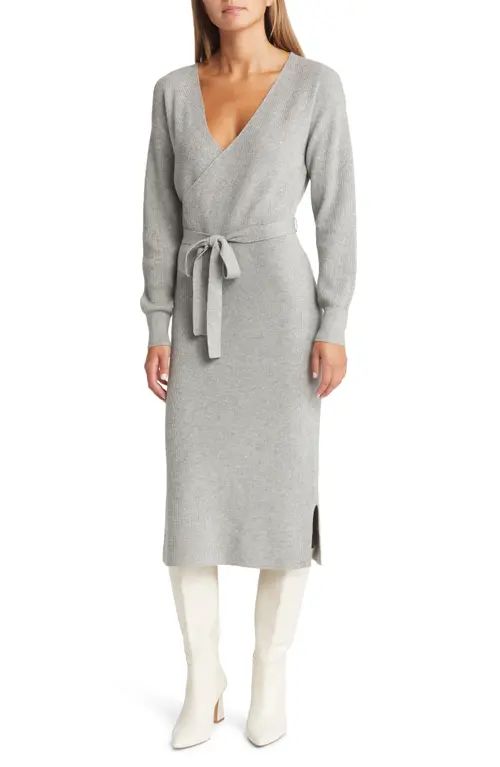 Chelsea28 Long Sleeve Faux Wrap Sweater Dress in Grey Medium Heather at Nordstrom | Nordstrom