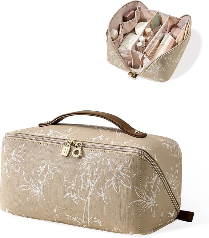 EACHY Travel Makeup Bag,Large Capacity Cosmetic Bags for Women,Waterproof Portable Pouch Open Fla... | Amazon (US)