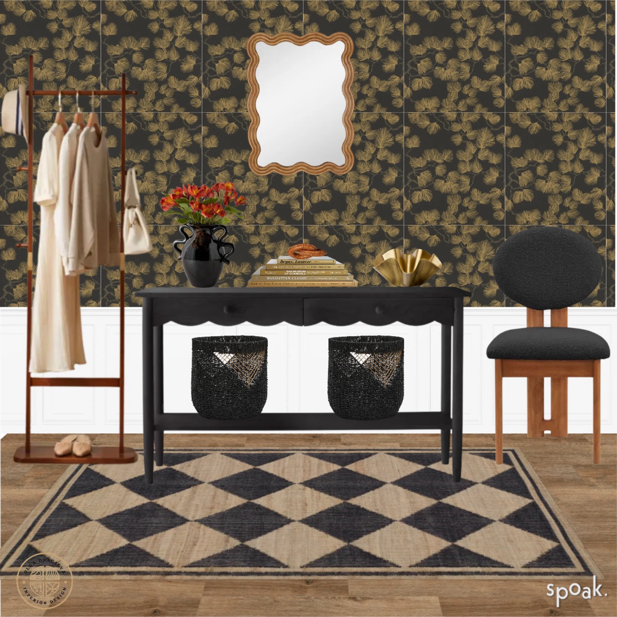 Stylish entryway design, floral wallpaper, checkered rug, black upholstered chair, black scalloped console table, curvy mirror, coat rack, storage, stylish baskets. 

#LTKstyletip #LTKSeasonal #LTKhome