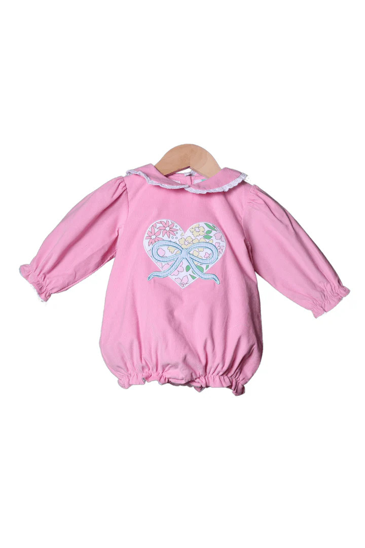Floral Heart and Bow Applique Pink Corduroy Bubble | The Smocked Flamingo