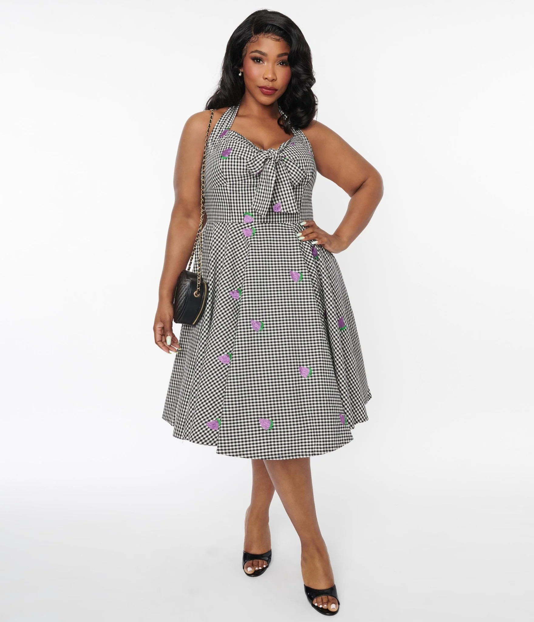 Black & White Gingham Grape Embroidered Halter Swing Dress | UniqueVintage
