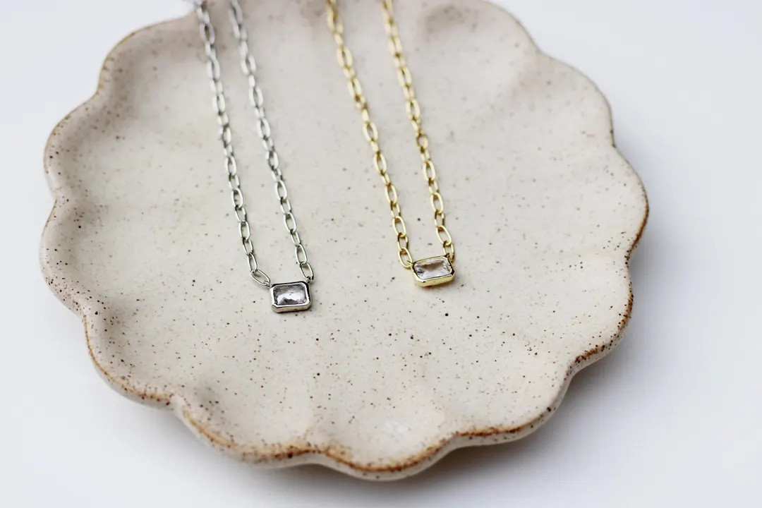 Bezel Cubic Zirconia Necklace | Baguette Necklace | Rectangle Necklace | Pendant Necklace | Minim... | Etsy (US)