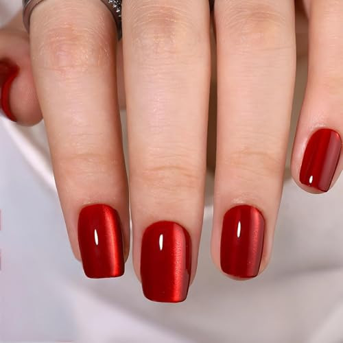 CUZIAM Red Cat Eye Press on Nails Short Square-Soft Gel Glossy Wine Red Nails Tips with Glue, Reusable Fall Halloween Short Cat Eye Fake Nails Cherry Red Stick on Nail for Women Girls,32pcs 16 Sizes | Amazon (US)