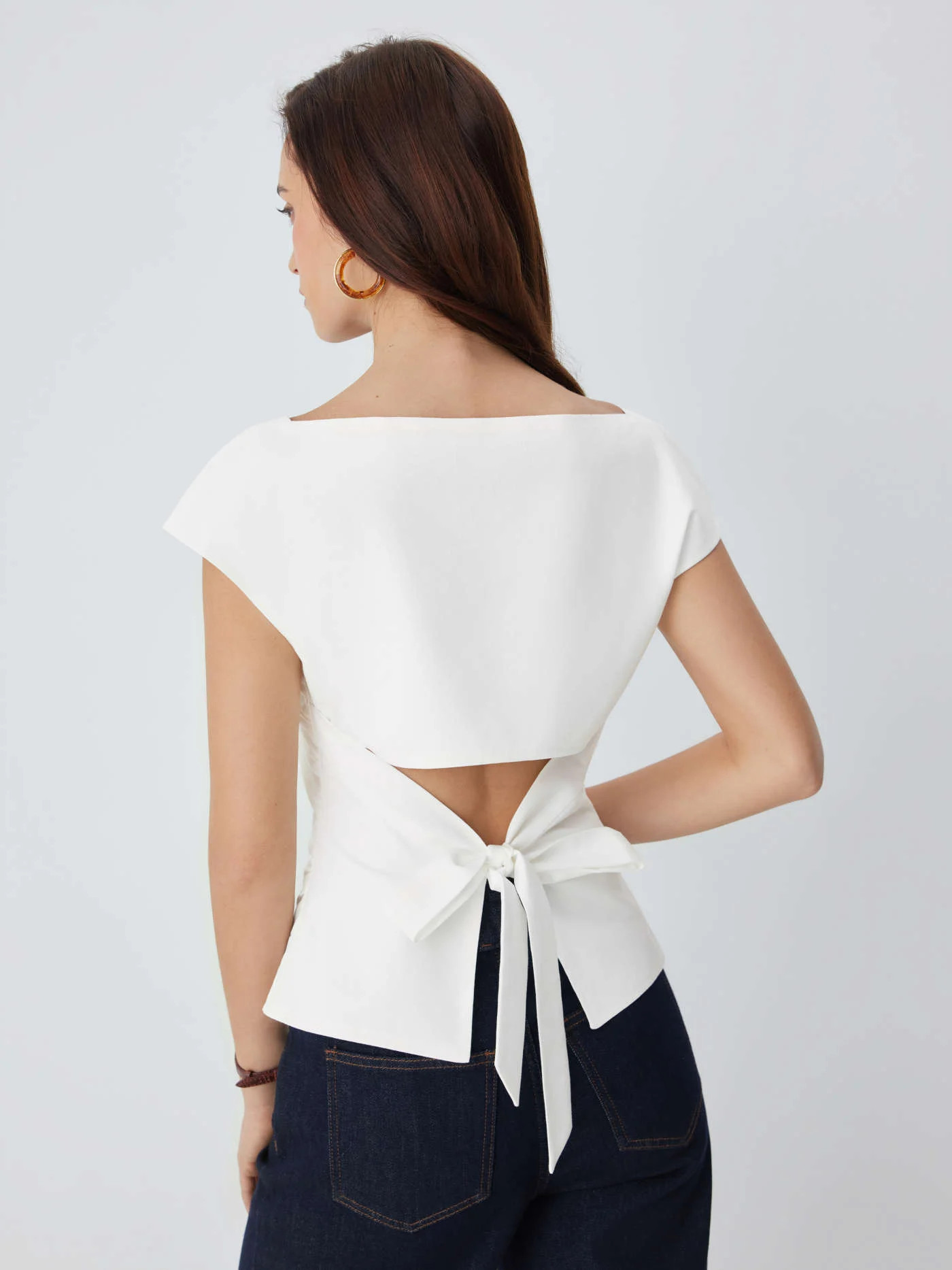 Linen-blend Linen-blend Boat Neck Ruched Cut Out Tie Back Top For Daily Casual Work | Cider
