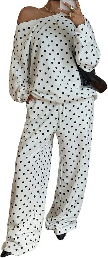 Verdusa Women's Polka Dot Sweat Set 2 Piece Off Shoulder Oversized Sweatshirt with Sweatpants Air... | Amazon (US)