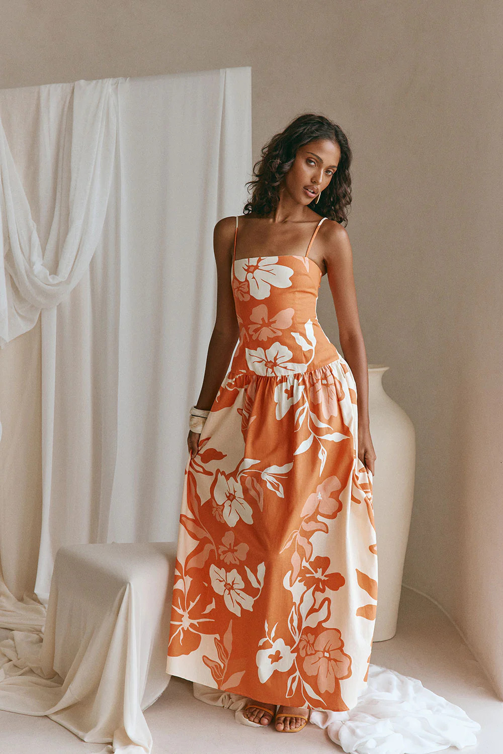 Orange Sunset Botanica Floral Print Linen Maxi Samia Dress | Sabo Skirt US
