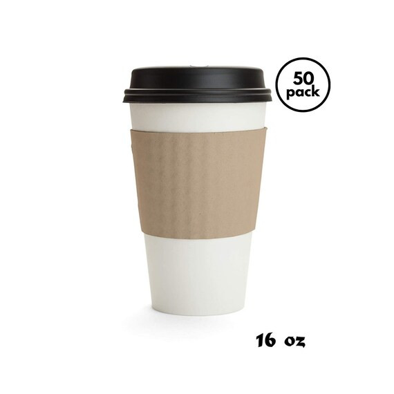 White 50 Pack - 16oz Paper Coffee Cups with Black Dome Lids and Protective Corrugated Cup Sleeves | Etsy (US)