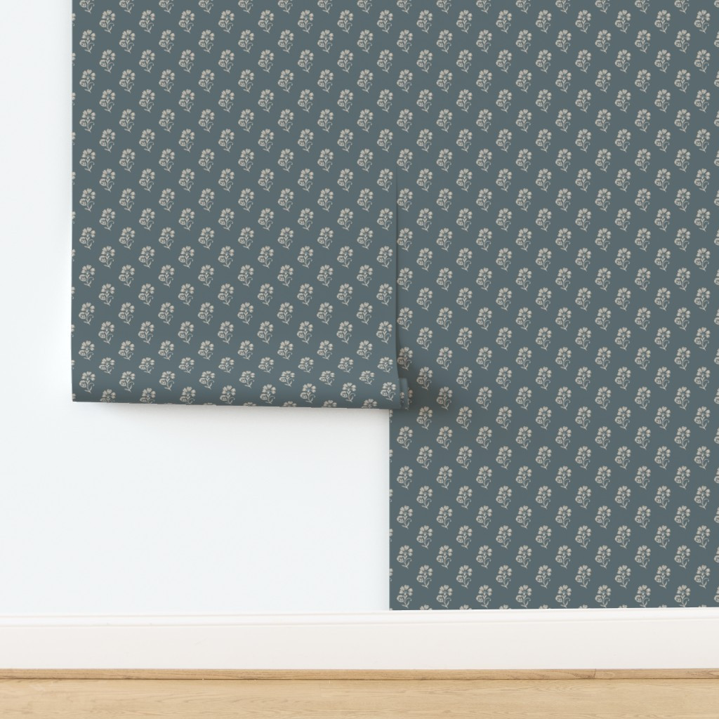 Teal Blue & Cream Block Printed Floral Pattern - Medium Wallpaper | Spoonflower | Spoonflower