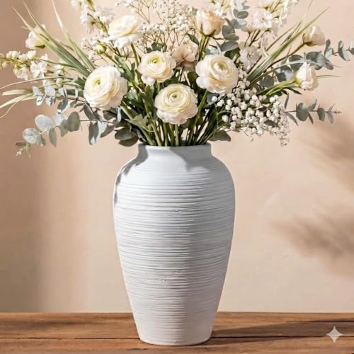 KeyDeco 10" Medium White Ceramic Vase, Farmhouse Ribbed Table Centerpiece | Amazon (US)