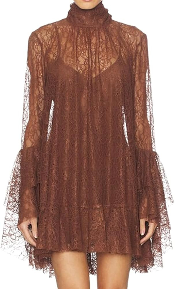 Women Y2K Lace See Through Mini Dress Sexy Long Sleeve Ruffle Floral Sheer Short Dress Loose Fit ... | Amazon (US)