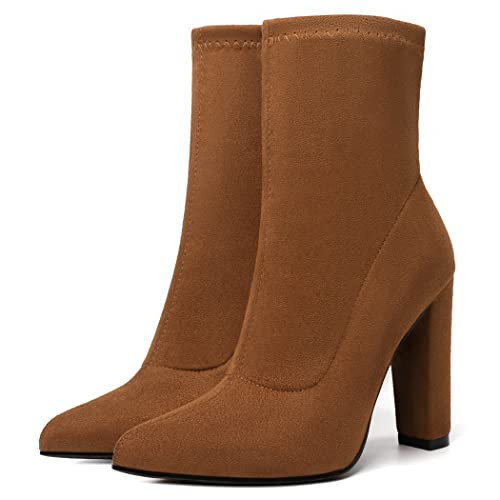 Brown Sock Booties Brown Boots for Women Sock Boots Heeled Boots Chunky High Heel Boots Suede Ankle Boots Fall Winter Dress Boots Pointed Toe Mid Calf Booties Party Casual | Amazon (US)