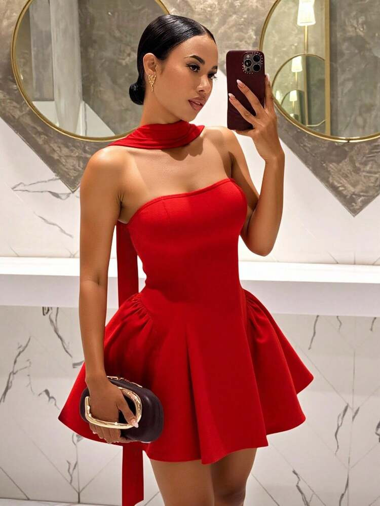 Slaydiva 2025 Women's Elegant Red Strapless A-Line Princess Mini Dress,French Style Short Party,B... | SHEIN