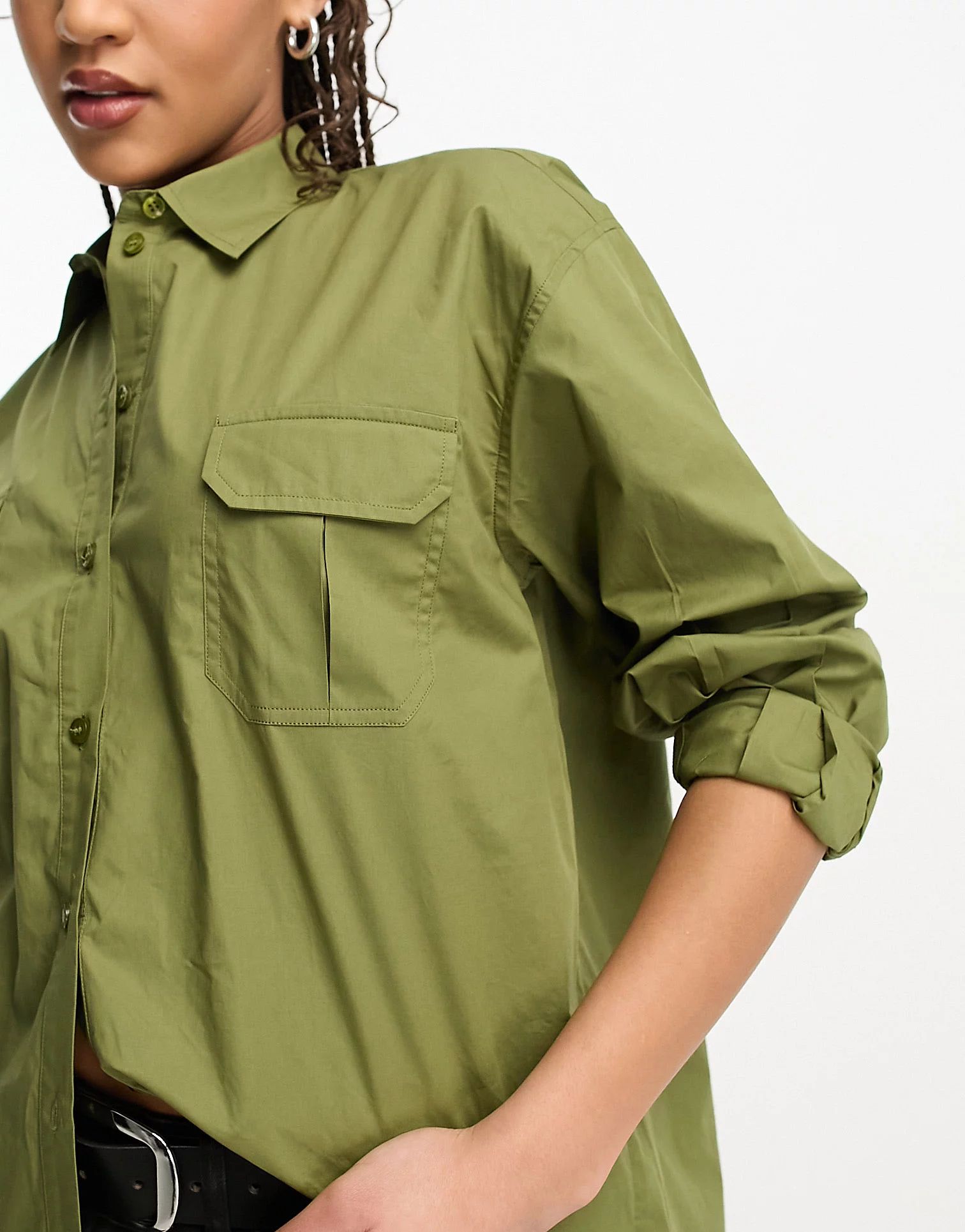 Miss Selfridge poplin utility oversized shirt in khaki | ASOS (Global)
