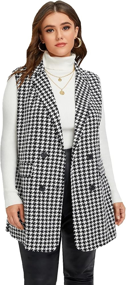 WDIRARA Women's Plus Size Plaid Button Open Front Sleeveless Blazer Jacket | Amazon (US)