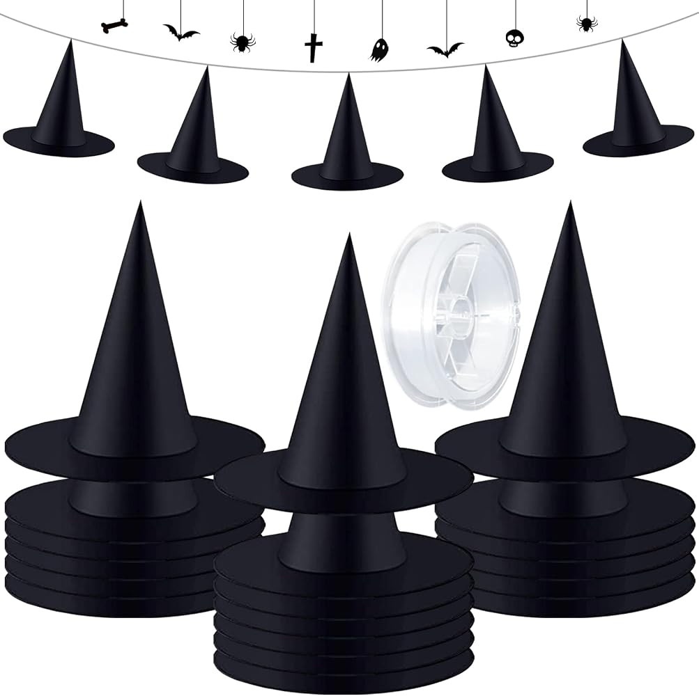 ZeeDix 12 PCS Halloween Black Witch Hats with 98Feet Rope Hanging Decorations Witch Costume Acces... | Amazon (US)