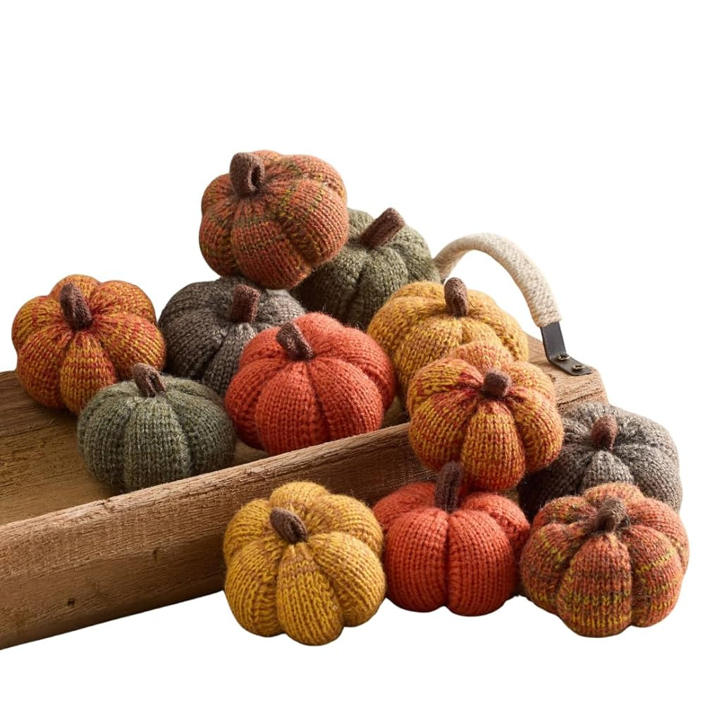 Amazon.com: Cozy Mini Knit Pumpkin Set of 12 Spiced Orange Green Gold Autumn Table décor, Gift f... | Amazon (US)