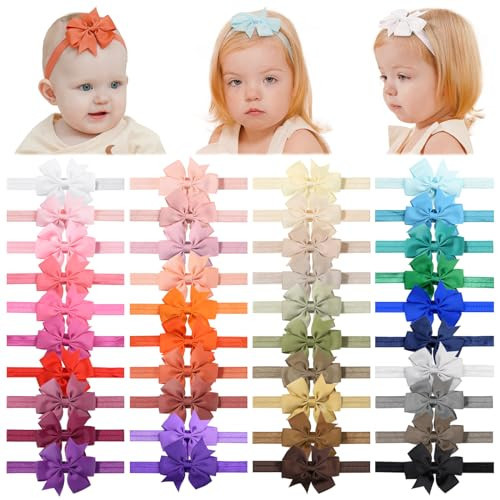 jollybows 40pcs Baby Girls Grosgrain Ribbon Hair Bows Headbands 3" Hair Band Hair Accessories for Infants Newborn Toddler (3- Natural Multi-colored) | Amazon (US)