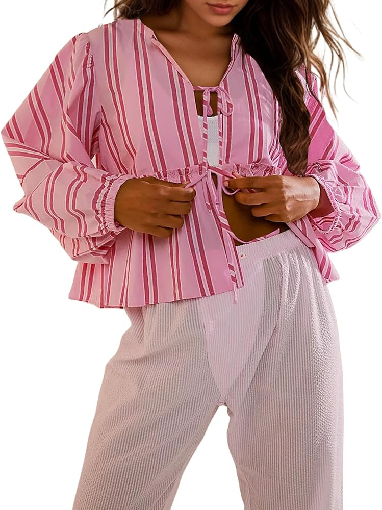 Women Y2K Peplum Bow Tie Front Striped Shirts Cute Ruffle Hem Long Sleeve Lace Up Babydoll Blouse... | Amazon (US)
