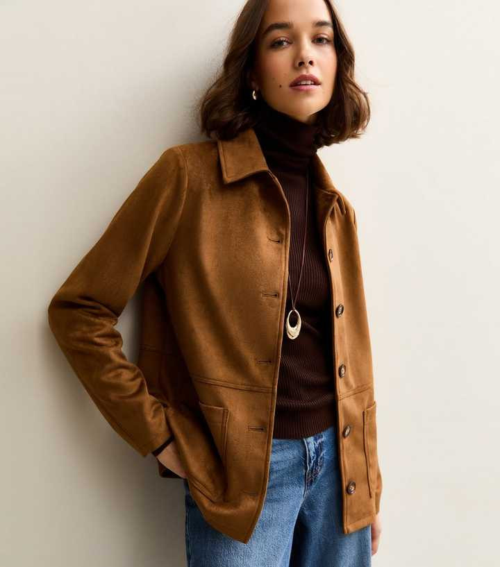 Tan Faux Suede Button Front Jacket | New Look | New Look (UK)