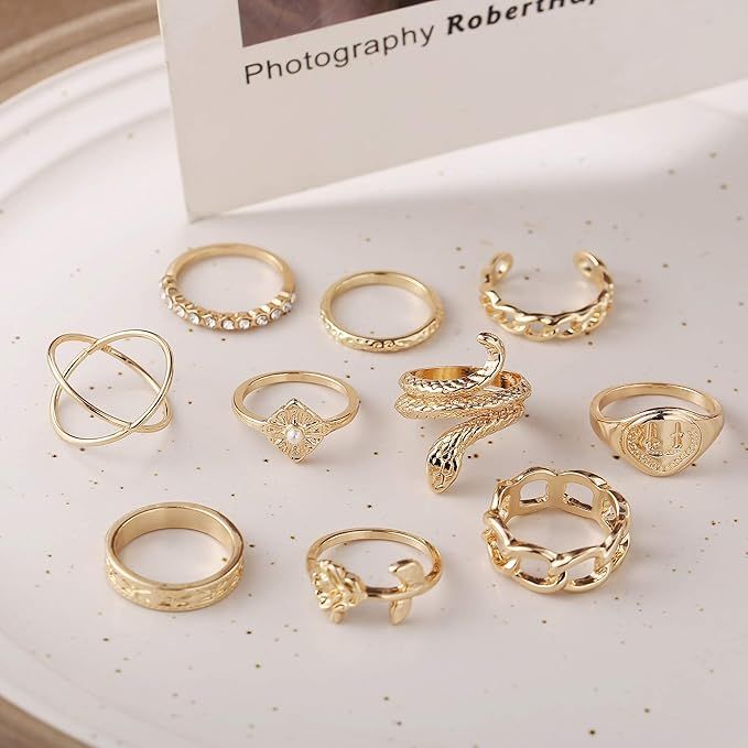Gold Silver Knuckle Rings Set for Women Girls, 10PCS BOHO Rings,Vintage Snake Chain Flower Rings,... | Amazon (US)
