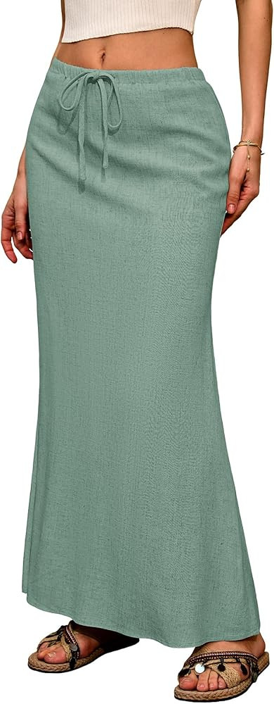 ELLEVEN Linen Flared Maxi Skirt with Back Slit - Elastic Waist Drawstring Long Flowy Ankle-Length... | Amazon (US)