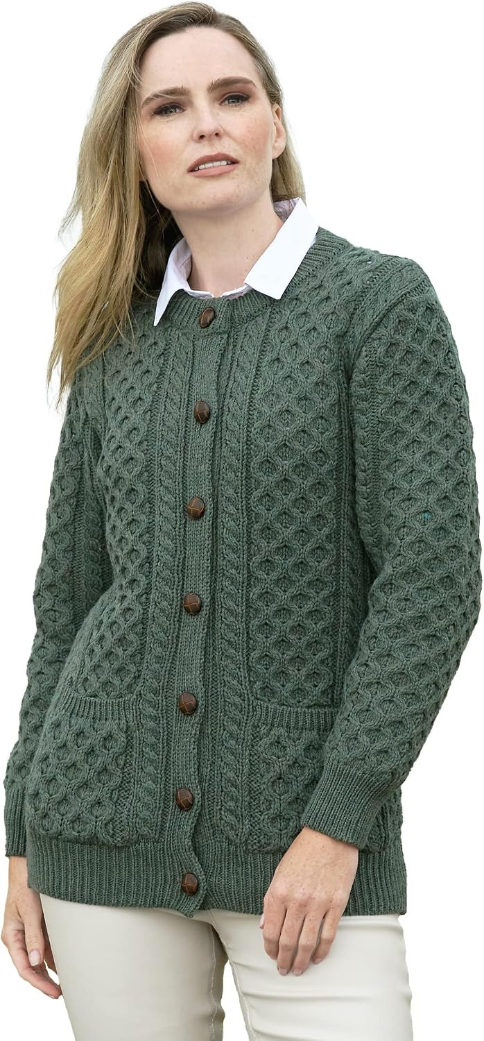 Aran Crafts Women's Cable Knit Soft Buttoned Lumber Jacket (100% Merino Wool) | Amazon (US)