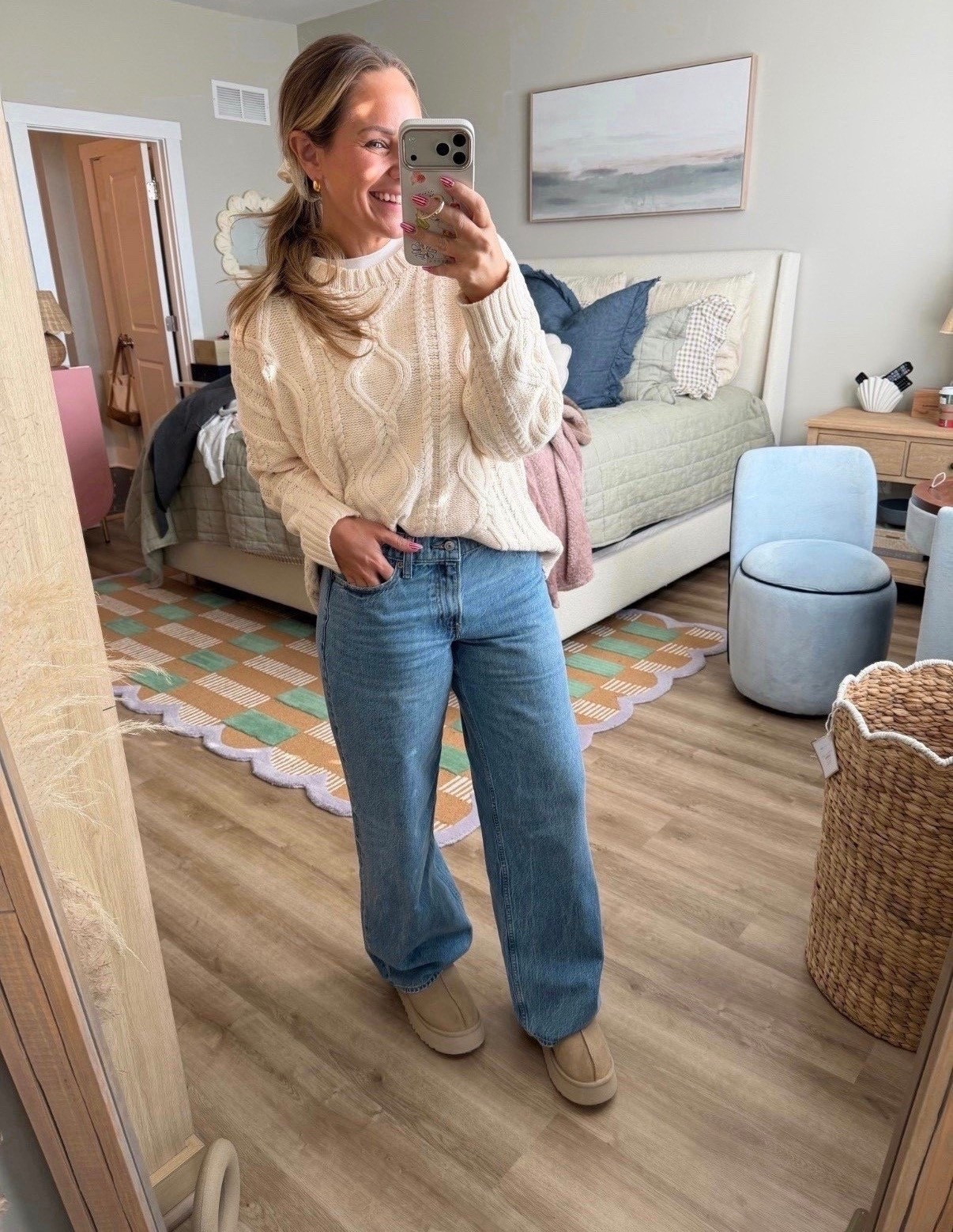 A classic cable-knit sweater + straight-leg denim is always a yes. This sweater is soft without being bulky, easy to half-tuck, and layers perfectly under coats. The jeans have that relaxed, everyday fit that still feels put together — finished with comfy neutral clogs for errands, school drop-off, or casual plans.

cable knit sweater, classic fall outfit, straight leg jeans, everyday denim, casual mom outfit, neutral outfit ideas, cozy winter outfit, petite friendly denim