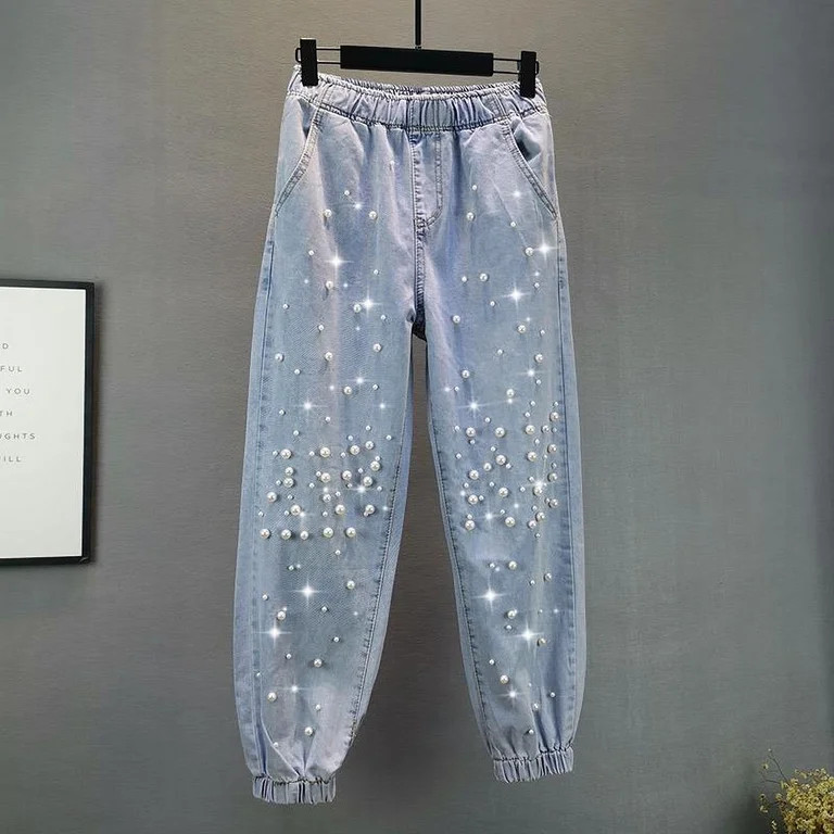 Beading Denim Harem Pants Women Spring Summer Pearl Decoration Elastic Waist Loose Jeans Fashion ... | Walmart (US)