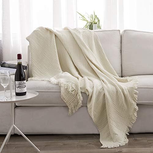SIMPLEOPULENCE Cotton Muslin Throw Blanket for Bed, Couch, Knit Woven Gauze Blanket with Tassels,... | Amazon (US)
