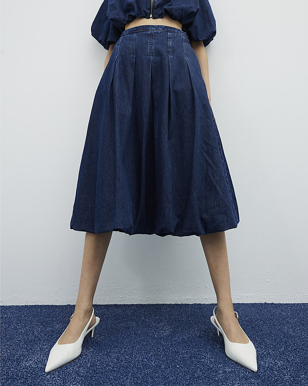 Denim Bubble Hem Midi Skirt | River Island UK & IE
