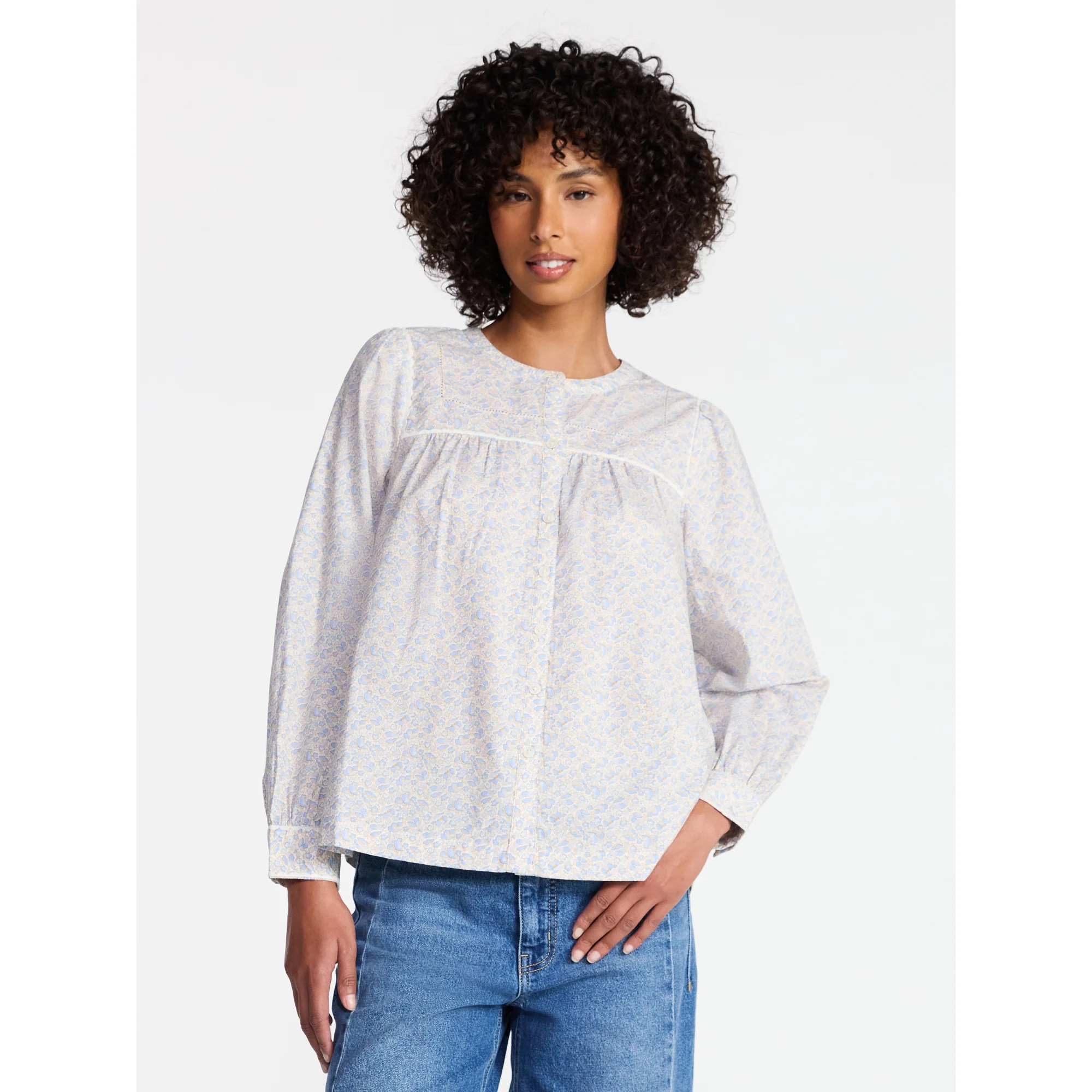 Time and Tru Women's Embroidered Cotton Button Front Shirt with Long Sleeves, Sizes XS-XXXL | Walmart (US)