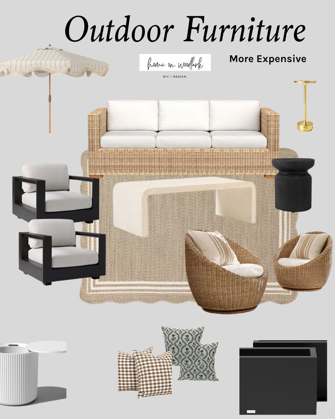 Update your outdoor space with an outdoor furniture designer edition.  

This mood board has a wicker sofa, two metal frame chairs, wicker chairs, modern coffee table.  Veradek planters.  Outdoor umbrellas.  

#LTKSaleAlert #LTKSeasonal #LTKHome