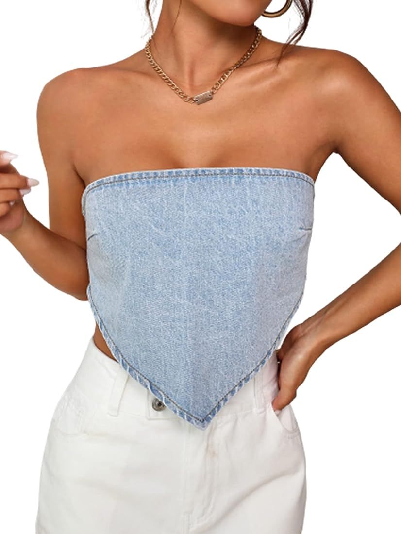 Verdusa Women's Tie Backless Sleeveless Strapless Crop Tops Denim Tube Tops | Amazon (US)