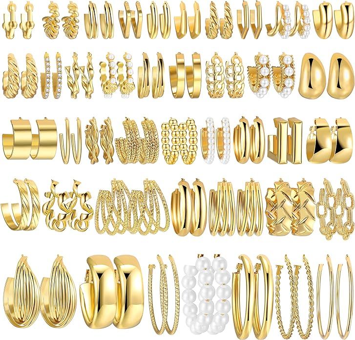 42 Pairs Gold Hoop Earrings Set for Women, Fashion Chunky Pearl Earrings Multipack Twisted Statem... | Amazon (US)