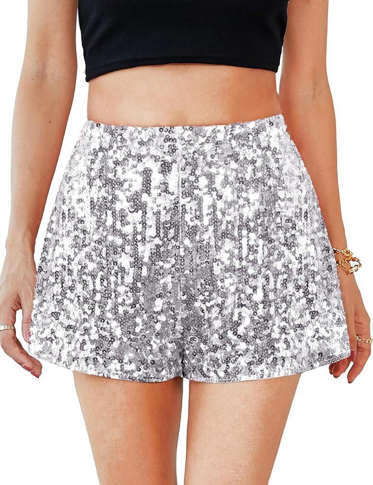 MANER Women's Sequin Shorts Sparkly Stretchy Night Out Party High Waisted Shorts | Amazon (US)