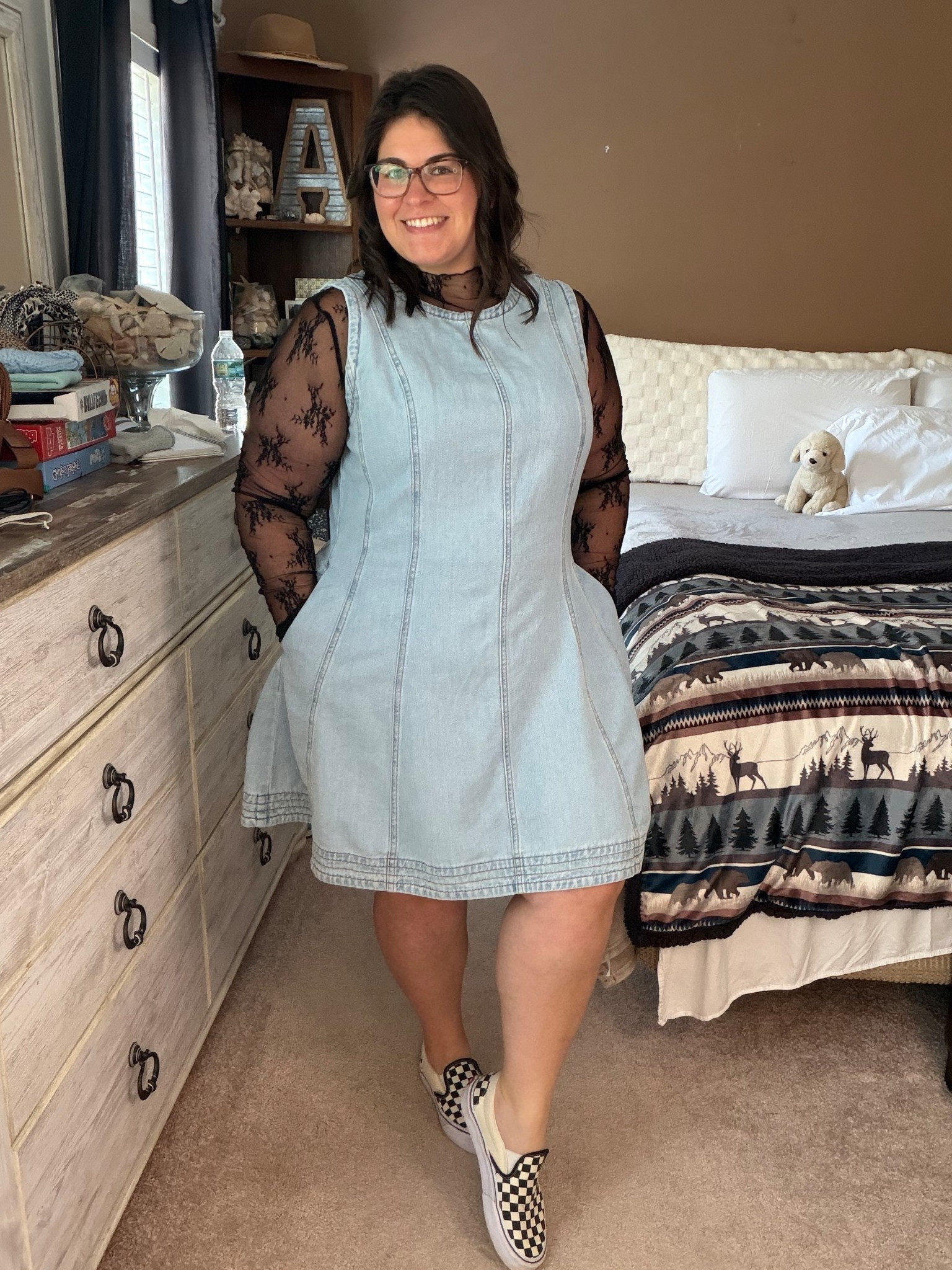 Pairing the fit and flare dress with a mesh body suit=perfection! Swap out the black for a white/cream colored one and it’s the perfect look for spring. I’m thinking girls night, brunch with the fam, or even swap out the vans for some cowgirl boots and it’s perfect for a country concert 🤠

#LTKPlusSize #LTKMidsize #LTKootd