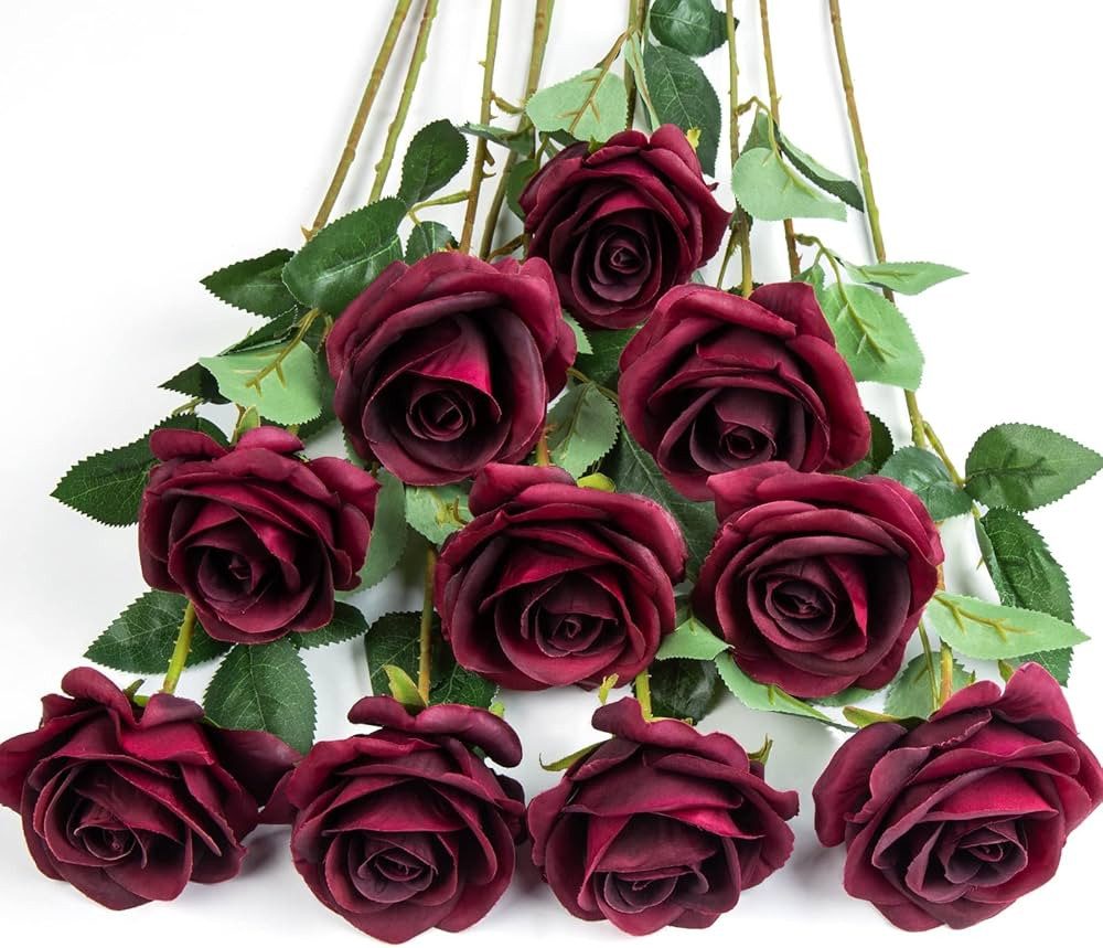 DuHouse 10pcs Silk Roses Artificial Flowers Fake Burgundy Rose Bouquet for Arrangement Wedding Pa... | Amazon (US)