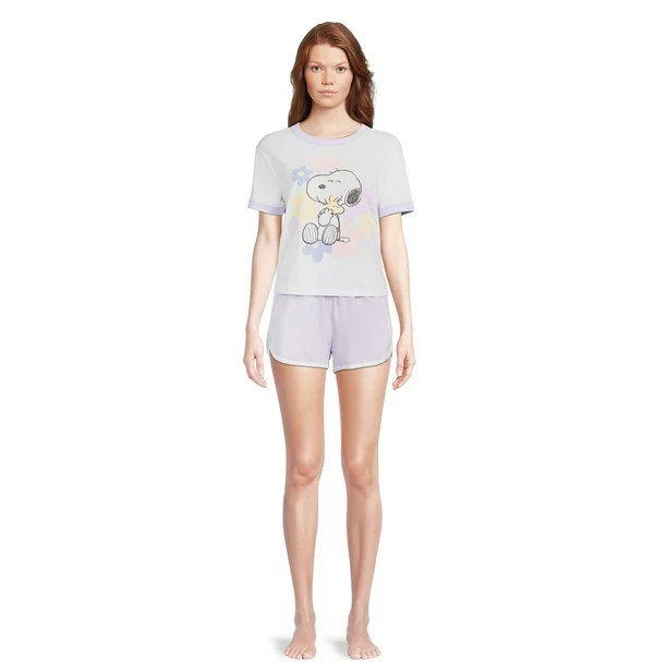 Snoopy Women's Ringer Tee and Short Sleep Set, 2-Piece | Walmart (US)