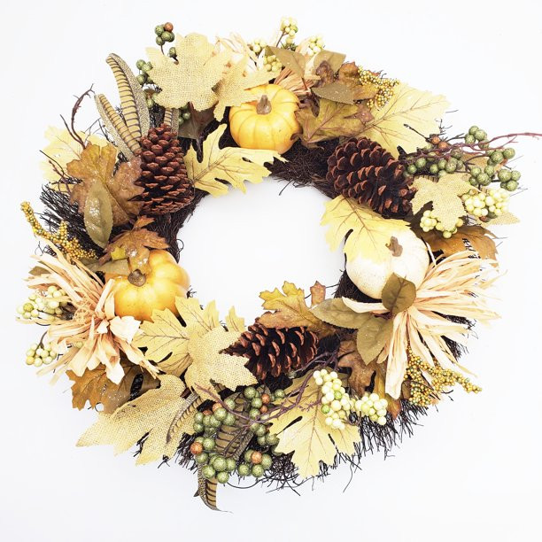 Way to Celebrate Harvest Cream Glittered Pumpkin Wreath 24" - Walmart.com | Walmart (US)