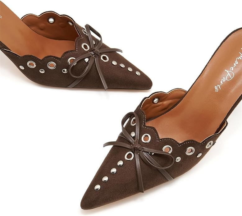 Bow Tie Heeled Mules for Women Pointy Studs Kitten Heels Dress Pumps Backless Stilettos… | Amazon (US)